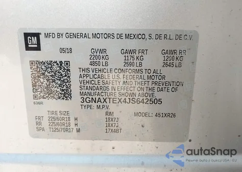 2018 Chevrolet Equinox Lt из США, поврежденный, VIN 3GNAXTEX4JS642505